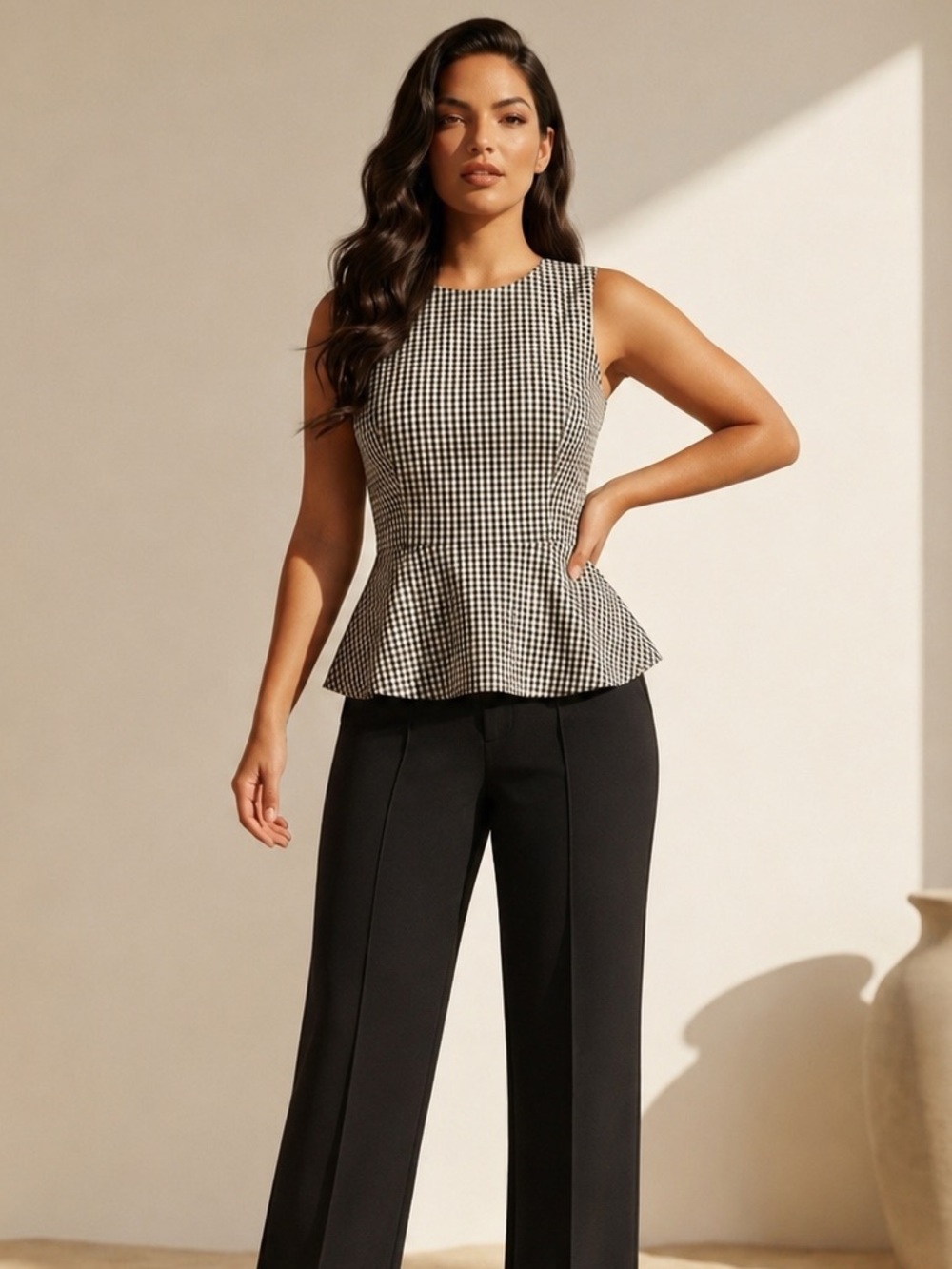 White House Black Market Gingham Peplum Top Black & White Size 8